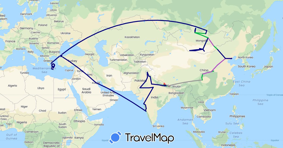 TravelMap itinerary: driving, bus, plane, train, hiking in China, Greece, India, Kuwait, Mongolia, Nepal, Russia, Turkey (Asia, Europe)